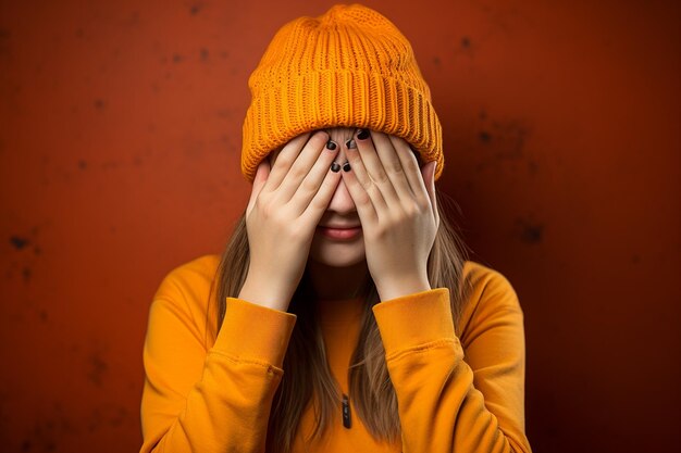 una hermosa mujer con un gorro de punto naranja se ríe sobre un fondo naranja