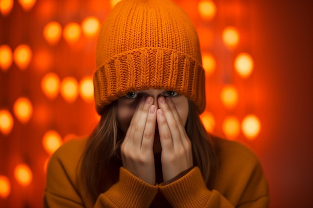 una hermosa mujer con un gorro de punto naranja se ríe sobre un fondo naranja