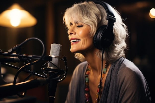 Hermosa mujer grabando una canción en un estudio de grabación IA generativa