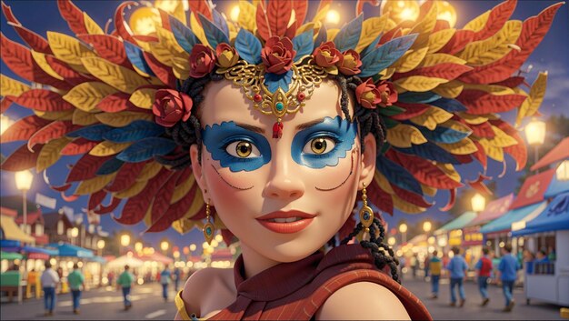 Foto una hermosa mujer de grandes ojos con ropa de colores celebra el carnaval festividades típicas ilustración en 3d