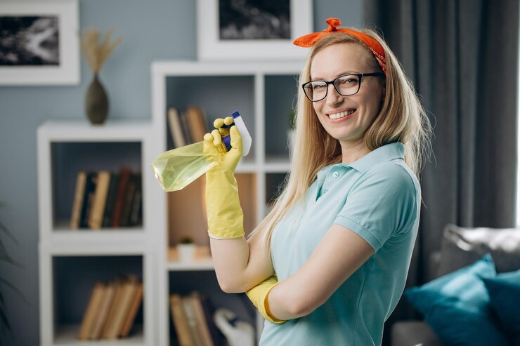 Hermosa mujer en guantes de goma con spray de limpieza