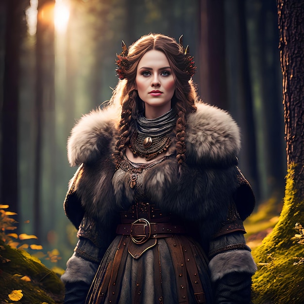 Hermosa mujer guerrera vikinga en el arte generativo del bosque por AI
