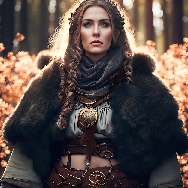 Hermosa mujer guerrera vikinga en el arte generativo del bosque por AI