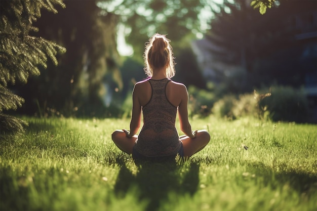 Hermosa mujer haciendo yoga en el césped