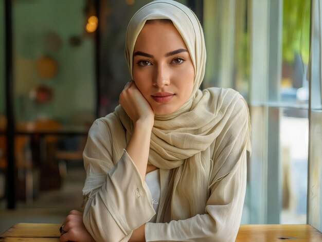 Una hermosa mujer con un hijab sentada en una mesa