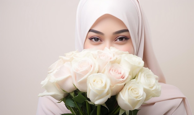 Foto hermosa mujer de hijab trae un cubo de rosas blancas