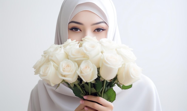 Foto hermosa mujer de hijab trae un cubo de rosas blancas