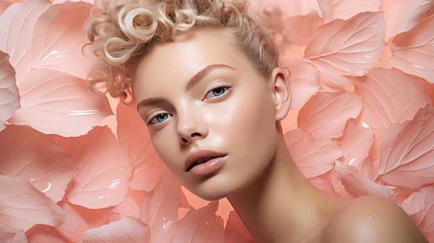 Hermosa mujer con hojas de color rosa concepto de cosmética orgánica fondo de estudio ai generado