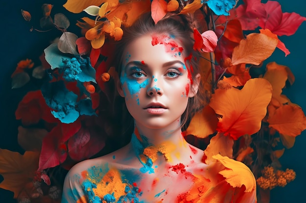 Hermosa mujer en hojas y flores de otoño Salud mental y concepto de perfume de otoño Ilustración generativa de IA