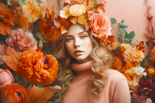 Hermosa mujer en hojas y flores de otoño Salud mental y concepto de perfume de otoño Ilustración generativa de IA