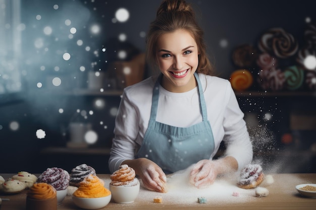 Foto hermosa mujer hornea deliciosos y saludables dulces navideños