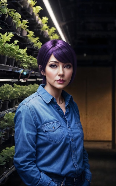 Hermosa mujer en la IA generativa de la planta agrícola vertical LED