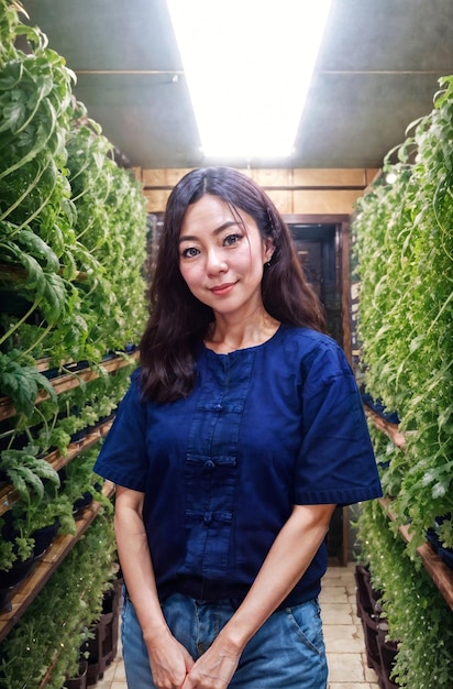 Hermosa mujer en la IA generativa de la planta agrícola vertical LED