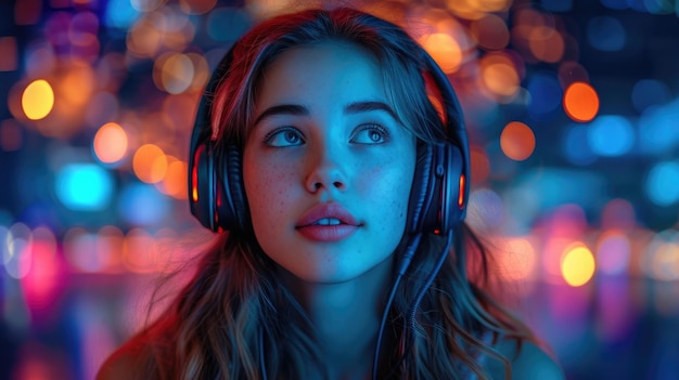 hermosa mujer ídolo disfrutando de la música en sus auriculares