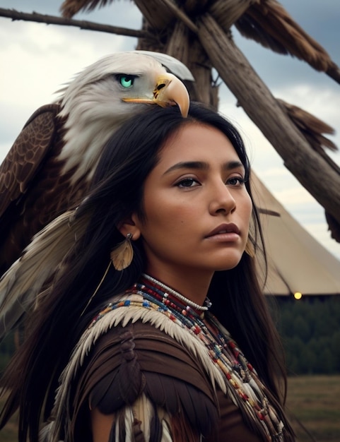 Foto una hermosa mujer india con un águila mira en la distancia contra un fondo sombrío