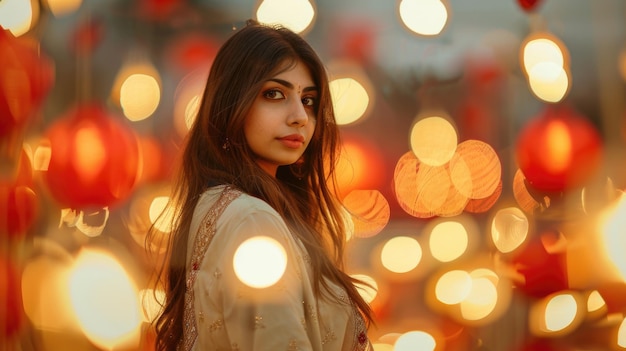 Una hermosa mujer india contra el fondo de velas en linternas naranjas la luz se refleja en su cara
