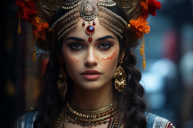 Hermosa mujer india con maquillaje rojo y dorado.