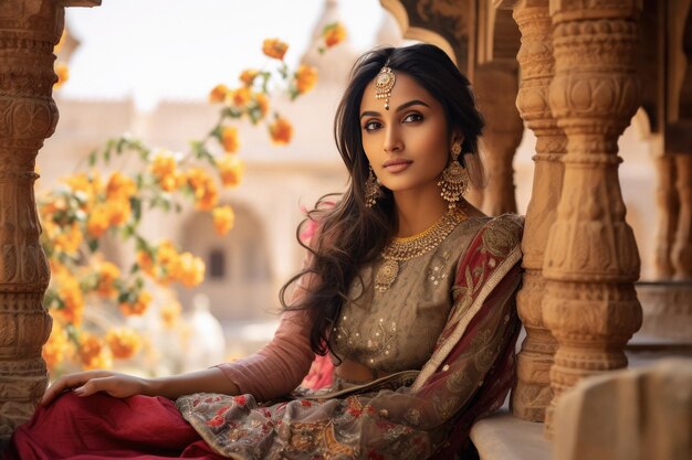 Hermosa mujer india o princesa con ropa y joyas tradicionales