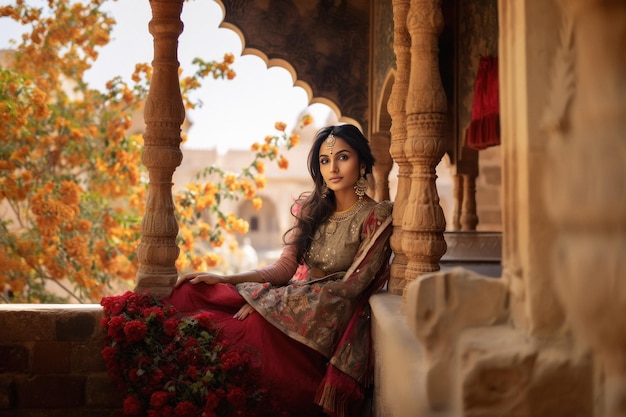 Hermosa mujer india o princesa con ropa y joyas tradicionales