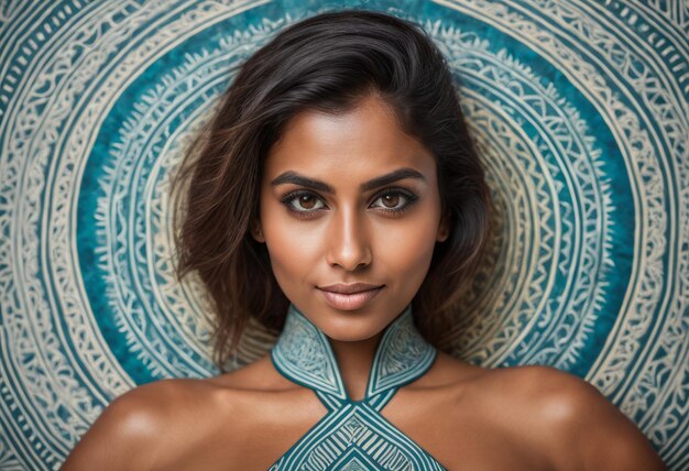 Foto hermosa mujer india posando frente a un patrón circular