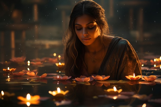 Hermosa mujer india en el río y fuera del agua rodeada de flores de loto