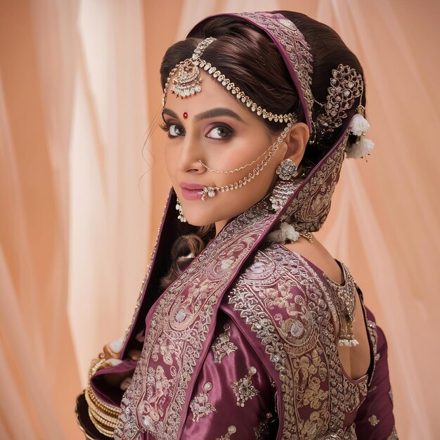 Una hermosa mujer india con un sari de banarasi malva y pesadas joyas de novia.