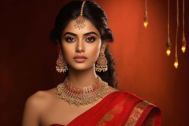 Hermosa mujer india en sari tradicional y joyería