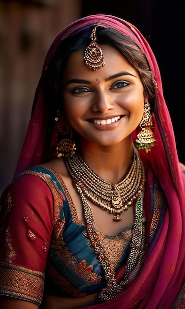 Una hermosa mujer india sonríe con gracia elegantemente vestida con un colorido sari que muestra la vibrante herencia cultural de la India para su uso en anuncios que promueven eventos de ropa tradicional india