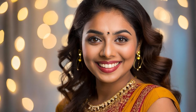 Una hermosa mujer india sonriendo en un fondo de luz borrosa