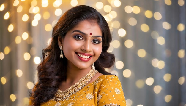 Una hermosa mujer india sonriendo en un fondo de luz borrosa