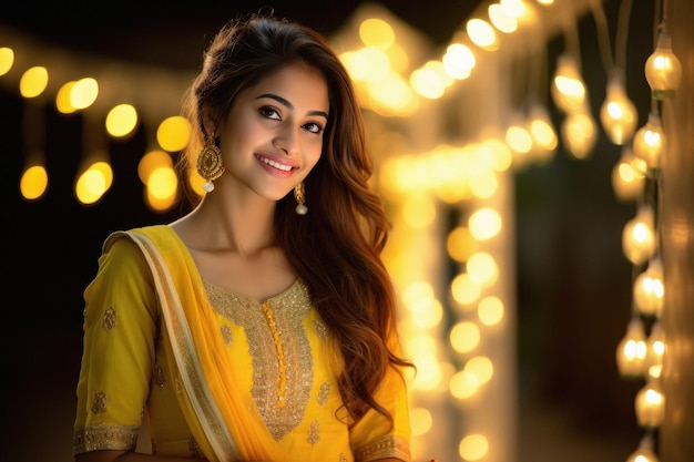 Una hermosa mujer india sonriendo en un fondo de luz borrosa