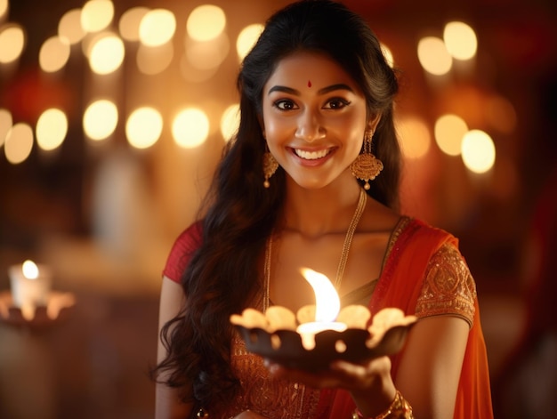 Hermosa mujer india sosteniendo lámpara de diwali