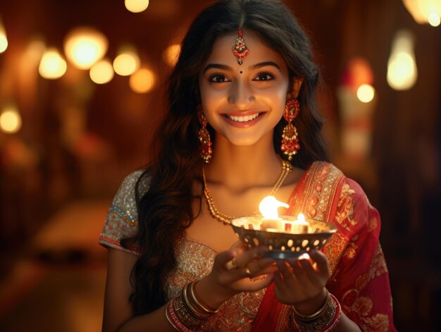 Hermosa mujer india con vestido tradicional indio sosteniendo lámpara de diwali
