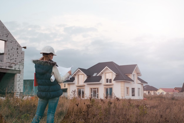 Hermosa mujer ingeniera está de pie en serio frente a un sitio de construcción