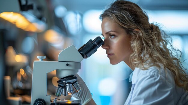 hermosa mujer investigador en abrigo blanco mira al microscopio