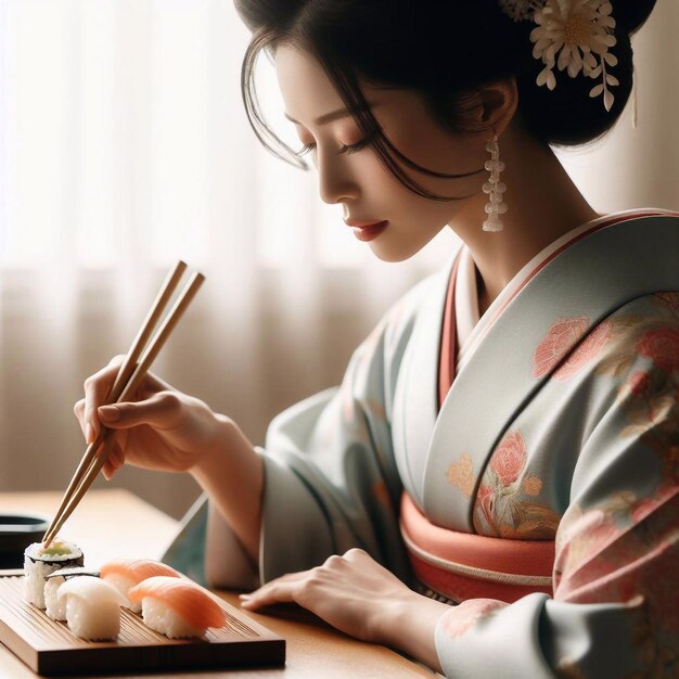 Una hermosa mujer japonesa en kimono comiendo sushi.