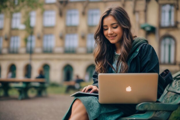 Una hermosa mujer joven acostada en un banco y trabajando en una computadora portátil al aire libre