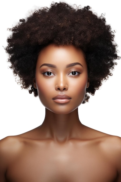 Hermosa mujer joven afro afroamericana cara primer plano aislado en retrato de mujer blanca