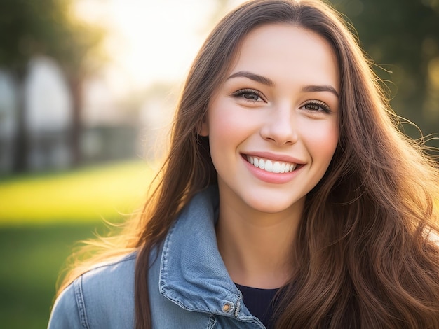 Una hermosa mujer joven al aire libre sonriendo mirando a la cámara