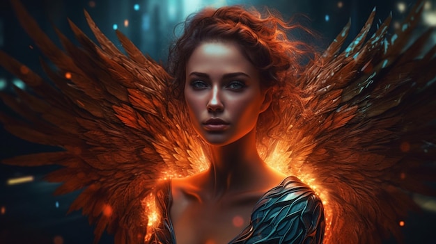 Hermosa mujer joven con alas de ángel en un cuarto oscuro Fantasy portraitgenerative ai