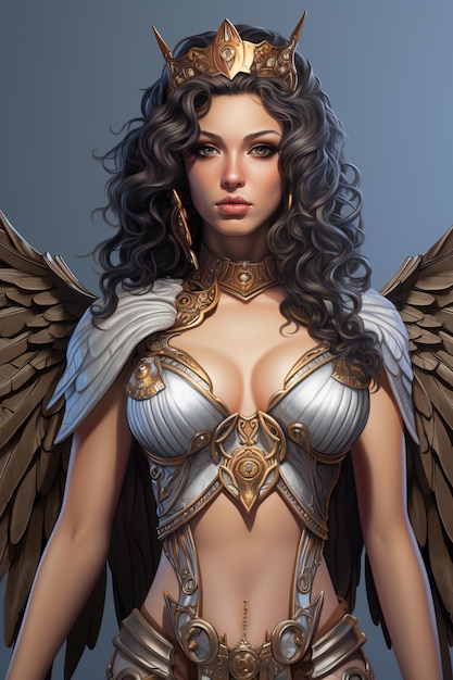 Hermosa mujer joven en armadura de fantasía con alas Arte de fantasía