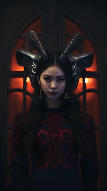 hermosa mujer joven asiática con cuernos de diablos con disfraz de Halloween fondo de casa embrujada