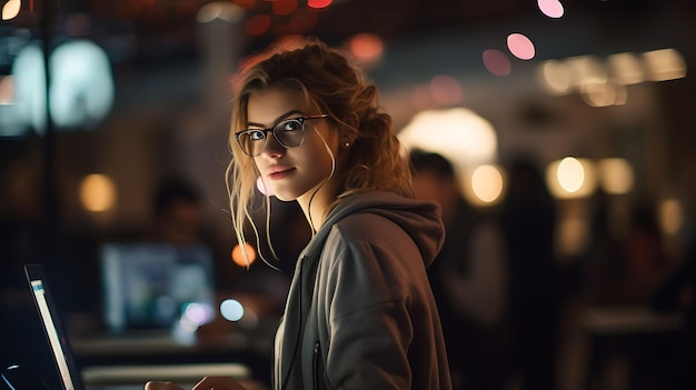 Una hermosa mujer joven asistiendo a una reunión de programación