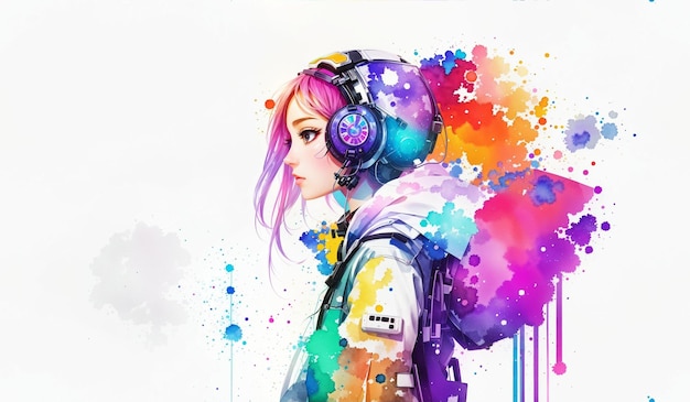 Hermosa mujer joven en auriculares escuchando música Ilustración digital