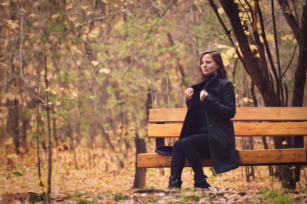 Hermosa mujer joven en un banco del parque Hermoso y acogedor follaje susurrante de otoño bajo los pies lírico espacio de copia de estado de ánimo otoñal