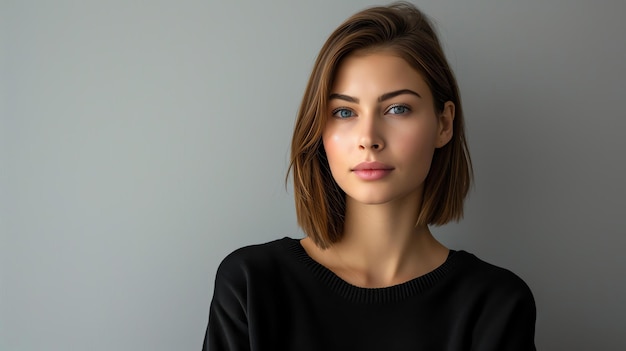 Una hermosa mujer joven con cabello castaño corto y ojos azules está mirando a la cámara Ella lleva un suéter negro El fondo es de color gris claro