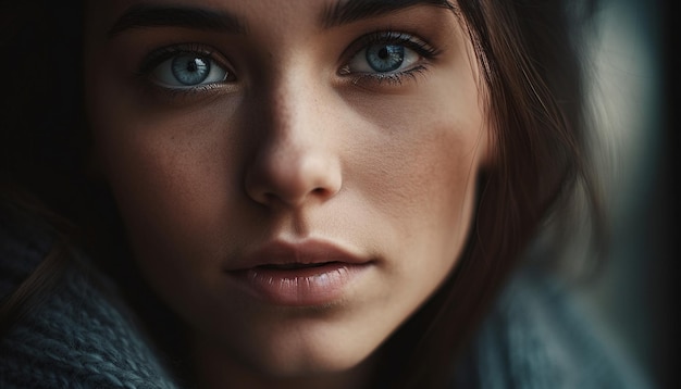 Hermosa mujer joven con cabello castaño mirando con confianza a la cámara generada por inteligencia artificial