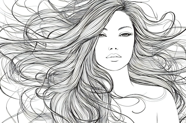 Foto hermosa mujer joven con cabello largo ilustración en blanco y negro