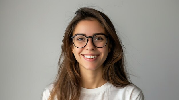 Foto una hermosa mujer joven con cabello largo y marrón y gafas negras sonriendo felizmente.