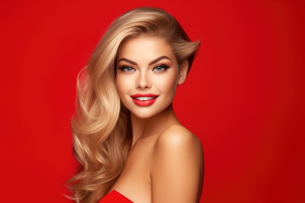 Hermosa mujer joven con cabello largo y rubio y maquillaje perfecto sobre fondo rojo brillante